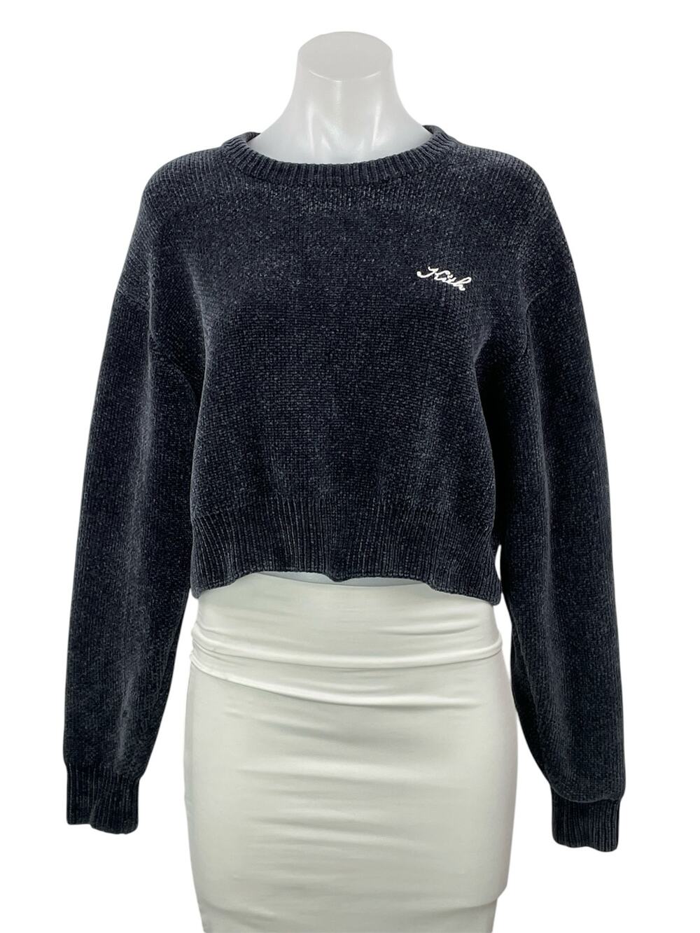 Kith Mica Womens Black Long Sleeves Logo Cropped Crewneck Pullover Sweater Top L